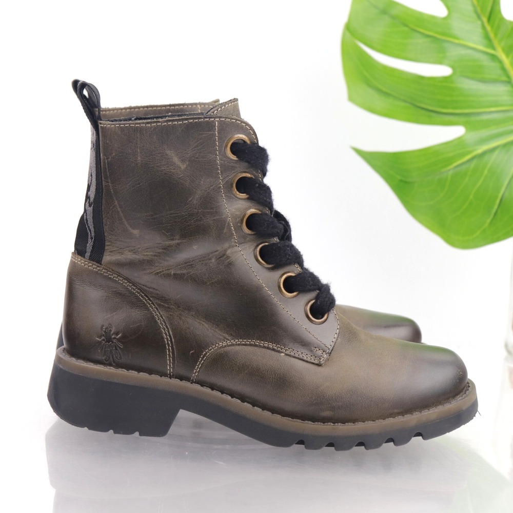 Fly London Womens Ragi Combat Boots Size 6 Brown Leather Lace Up Ankle Lug Sole